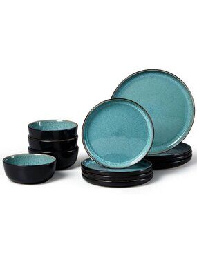 12-Piece Pastel Turquoise Ceramic Dinnerware Set for 4 | Scratch-Resistant